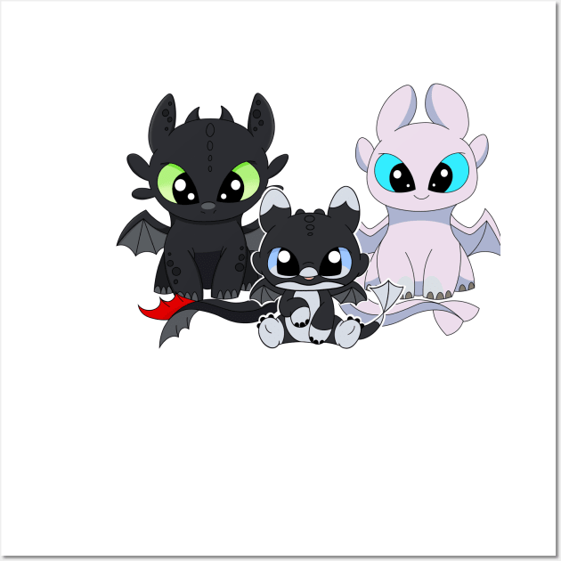 Fury family with boy, baby fury toothless, night furies, light fury dragon Wall Art by PrimeStore